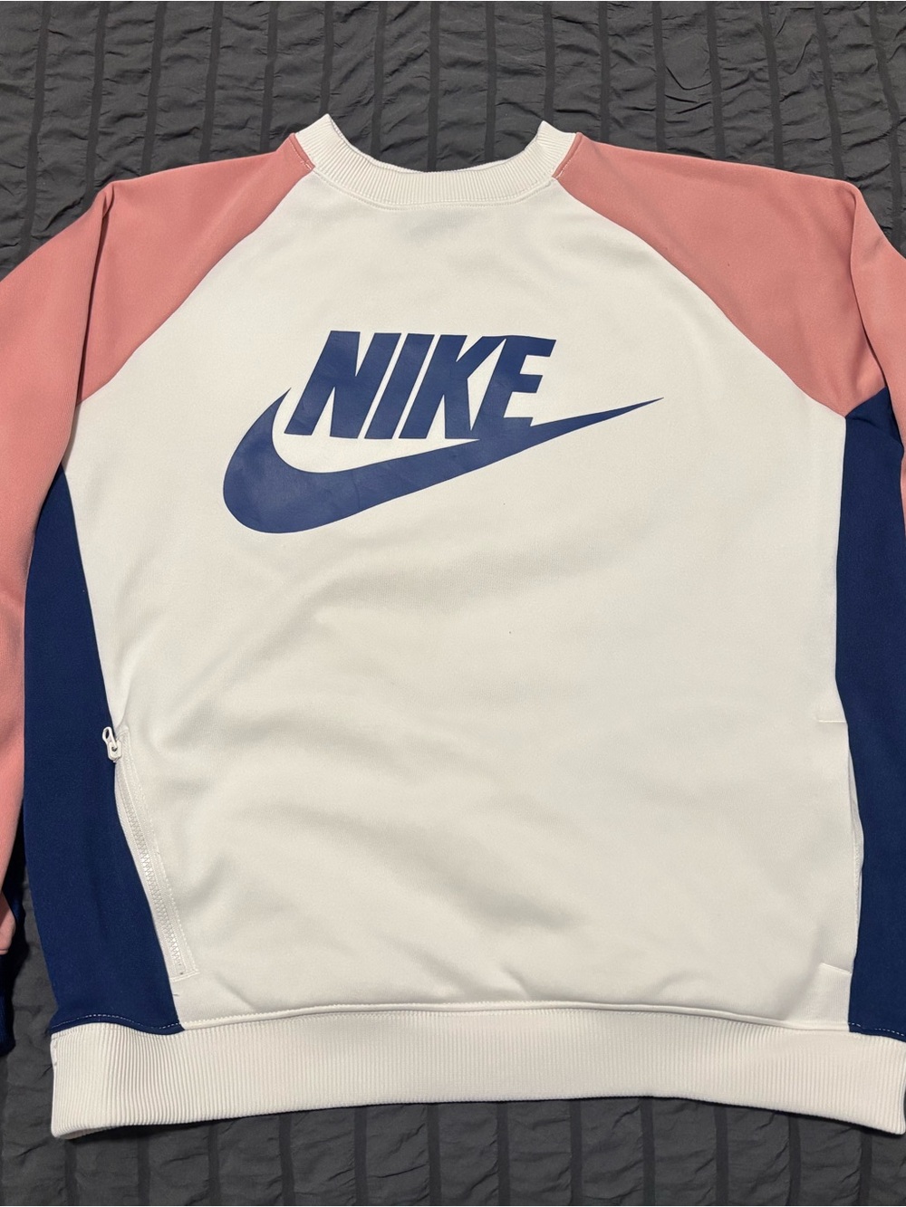 Nike White Crewneck Sweatshirt with Pink and Navy Raglan Sleeves and Navy Logo